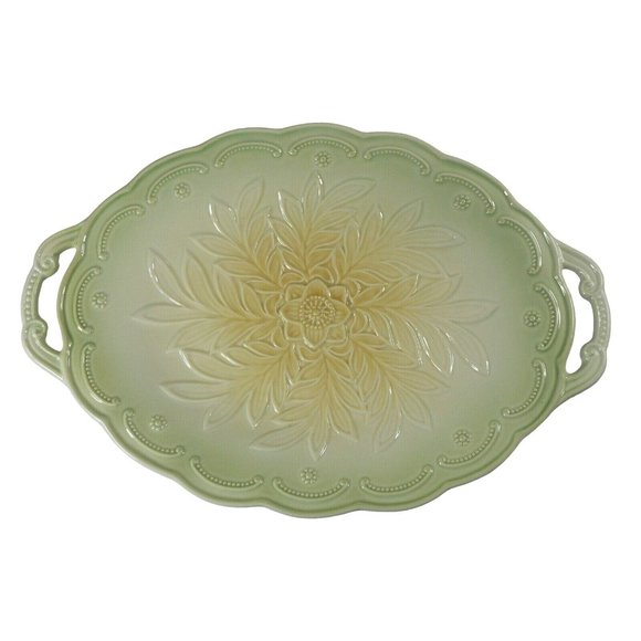 Serving Tray Ceramic Double Handles Embossed Raised Floral Pattern 12.5" - Picture 6 of 11